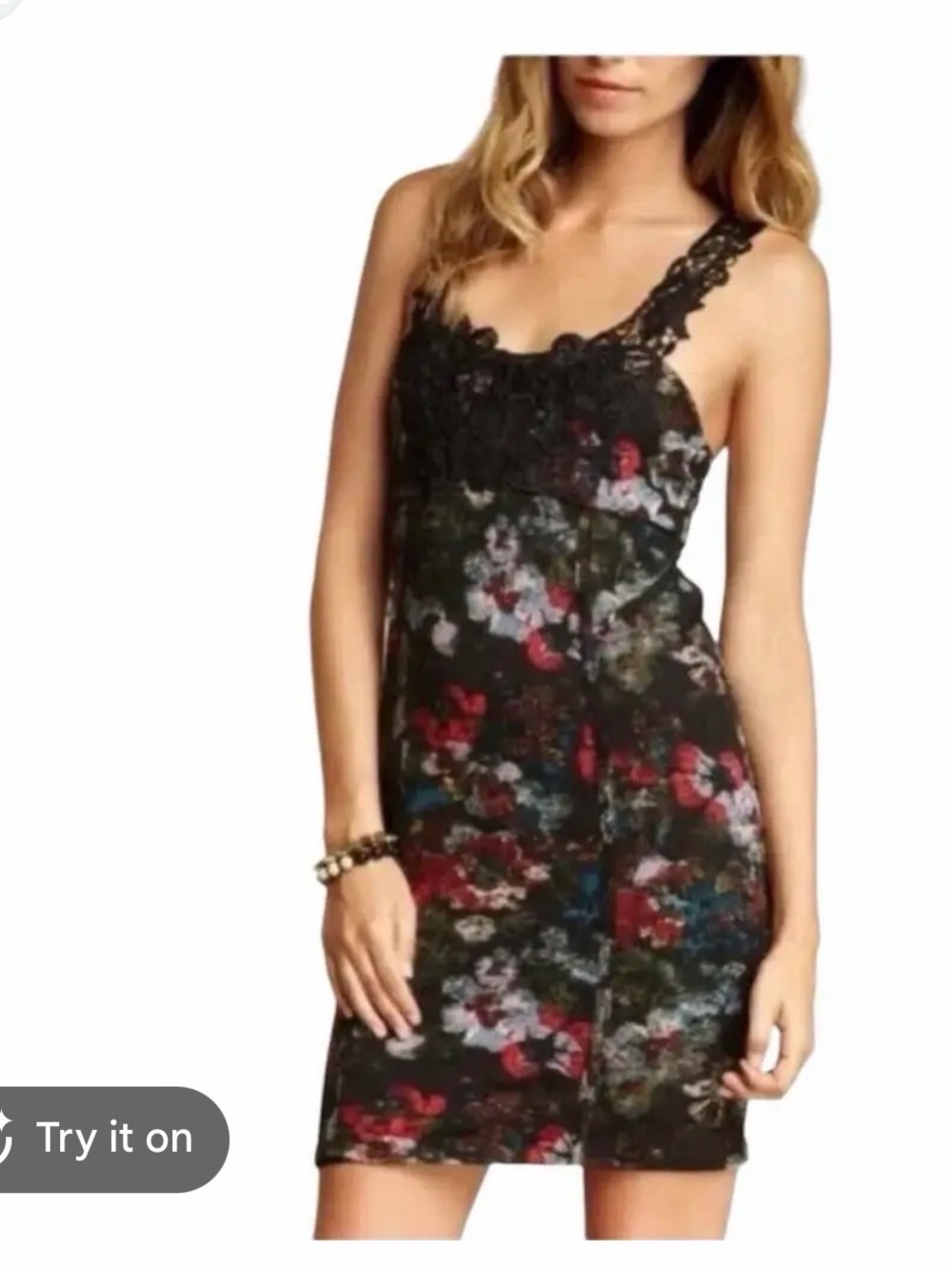 Free People Black Floral Lace-Trim Mini Dress